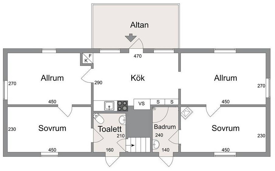 Planritning: två allrum, kök, två sovrum, toalett, badrum och altan
